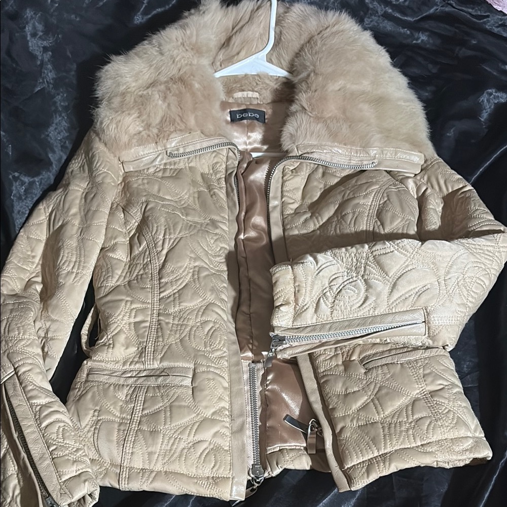 Bebe Women's Vintage Tan Quilted Jacket with Real Rabbit Fur Collar